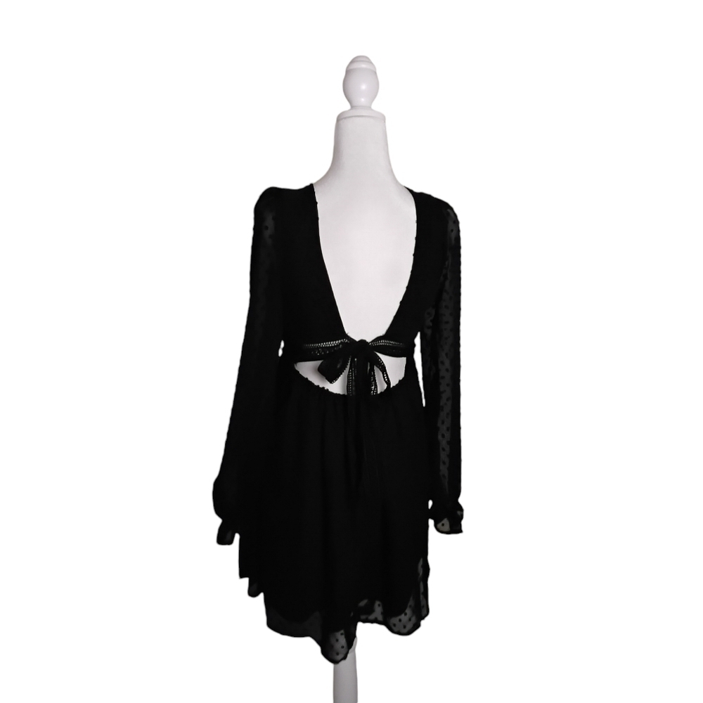 Shein Women's Black Scheer Deep V-Neck Long Sleeve Swiss Dot Tie Mini Dress L - Picture 2 of 9
